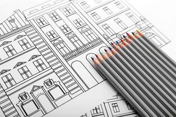 Drawing of buildings and colour pencils