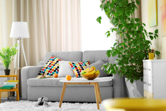 Living room interior with sofa, table and green tree