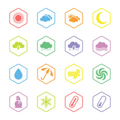colorful flat weather icon set with hexagon frame for web design, user interface (UI), infographic and mobile application (apps)