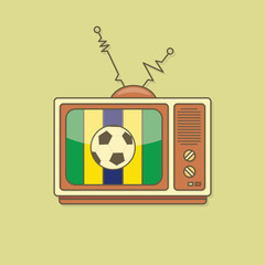 Flat Stylized Football / Soccer Ball On TV. Brazil Flag Color. - 105580083