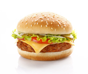 Tasty fresh cheeseburger on white background