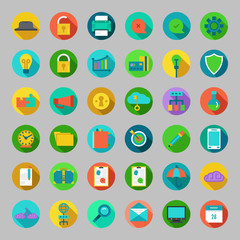 Round vector flat icons set with concepts of business, office work, marketing, seo.