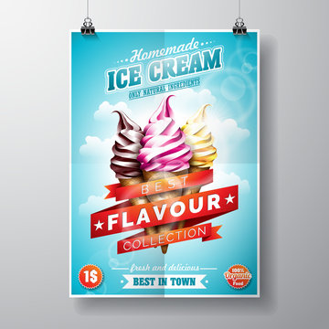 Vector Delicious Ice Cream Flyer Design On Sky Background.