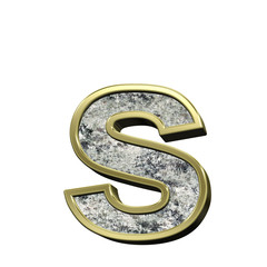 One lower case letter from granite with gold frame alphabet set isolated over white. Computer generated 3D photo rendering.