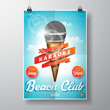 Vector Ice Cream and Microphone Flyer Illustration with design elements on sky background.