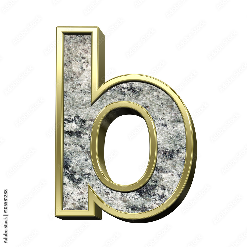 Fototapete One lower case letter from granite with gold frame alphabet set isolated over white. Computer generated 3D photo rendering.