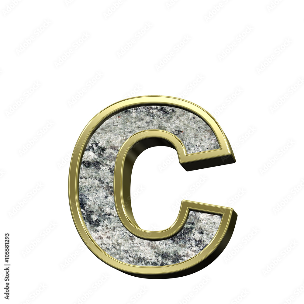 Fototapete One lower case letter from granite with gold frame alphabet set isolated over white. Computer generated 3D photo rendering.