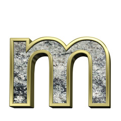 One lower case letter from granite with gold frame alphabet set isolated over white. Computer generated 3D photo rendering.