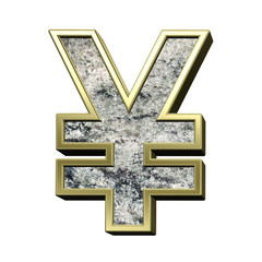 Fototapeta premium Yen sign from granite with gold frame alphabet set isolated over white. Computer generated 3D photo rendering.