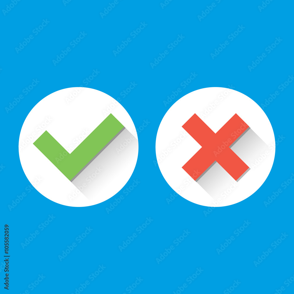 Poster simple check marks. icons with long shadows in flat style. green tick red cross represents confirmat