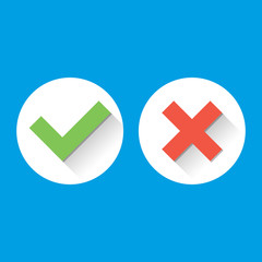 Simple Check Marks. icons with long shadows in flat style. Green Tick Red Cross Represents Confirmation, Right and Wrong Choices concepts, Vector illustration