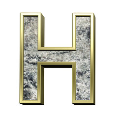 One letter from granite with gold frame alphabet set isolated over white. Computer generated 3D photo rendering.