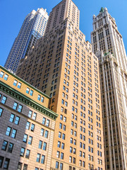 Fototapeta premium Modern facades of buildings in Manhattan's Financial District in New York City, United States.