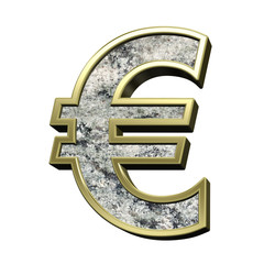 Euro sign from granite with gold frame alphabet set isolated over white. Computer generated 3D photo rendering.