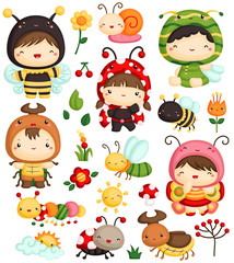 Obraz premium Kids in Bugs Costume Vector Set