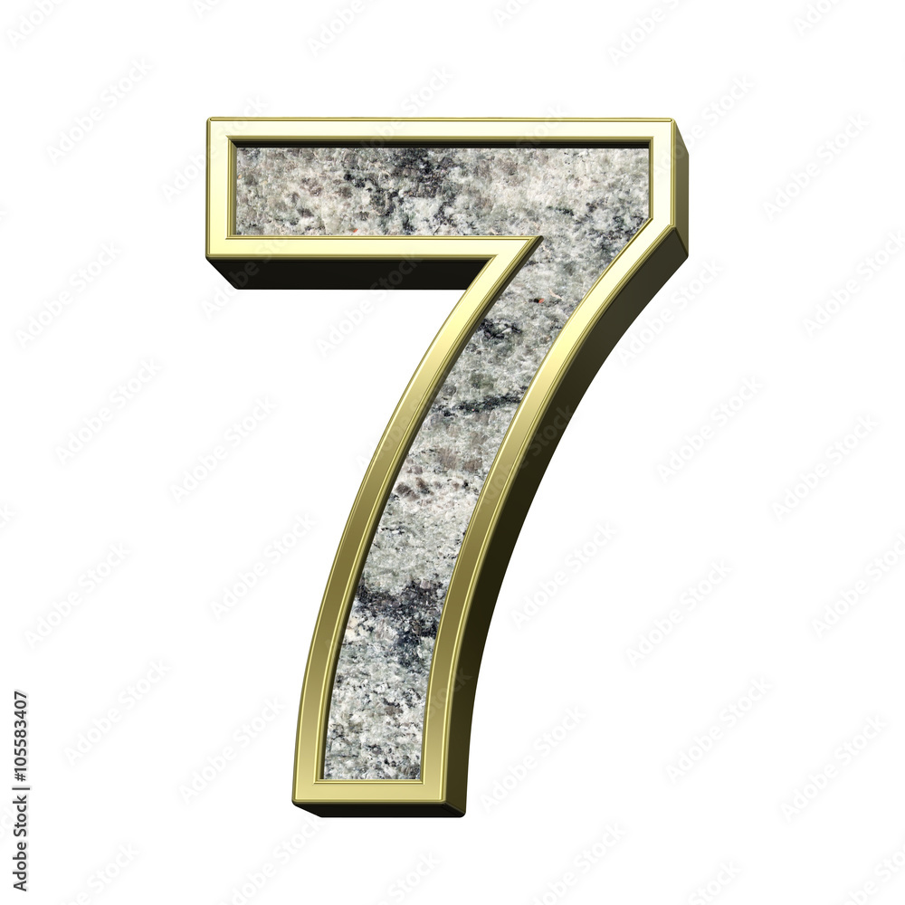 Fototapete Number from granite with gold frame alphabet set isolated over white. Computer generated 3D photo rendering.