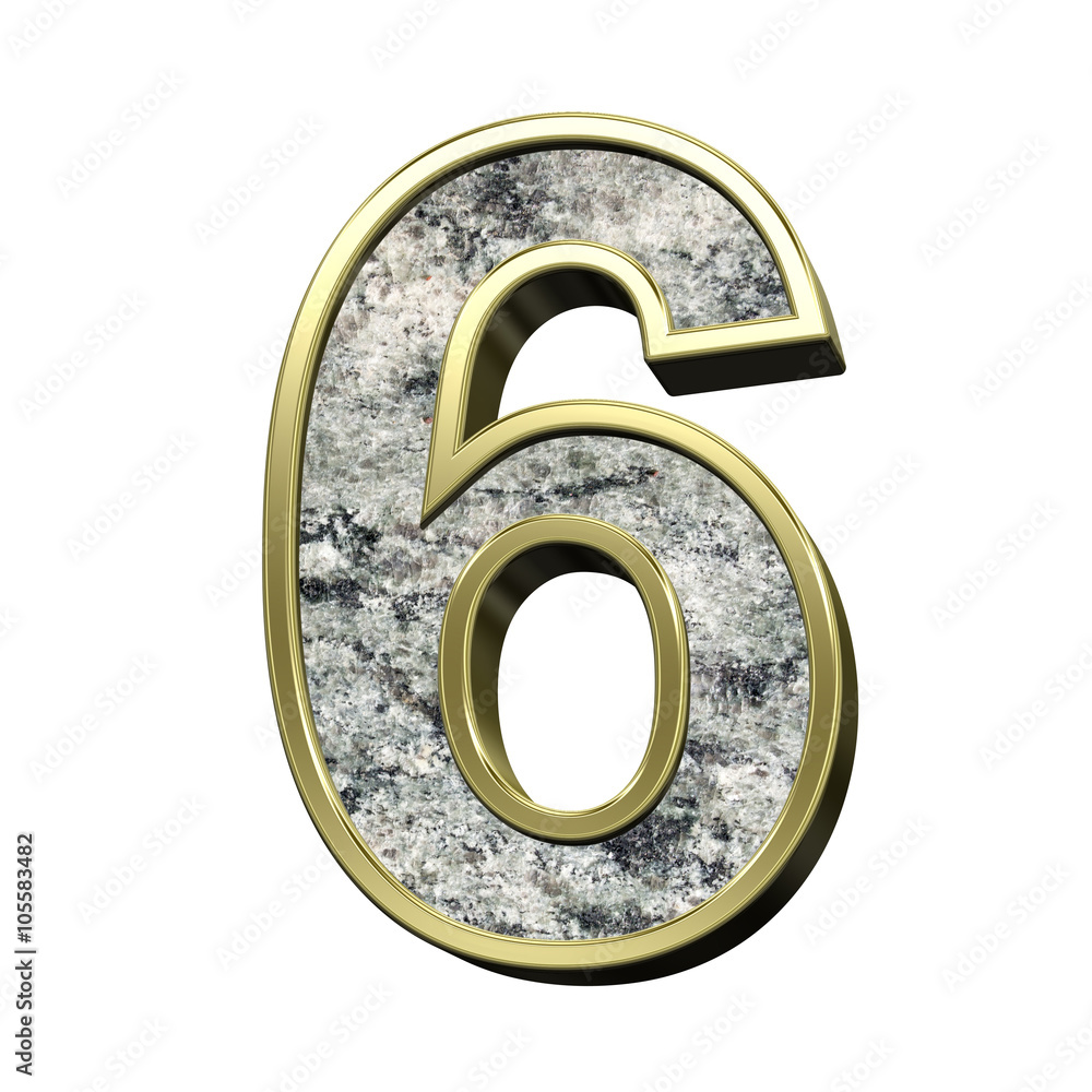 Fototapete Number from granite with gold frame alphabet set isolated over white. Computer generated 3D photo rendering.