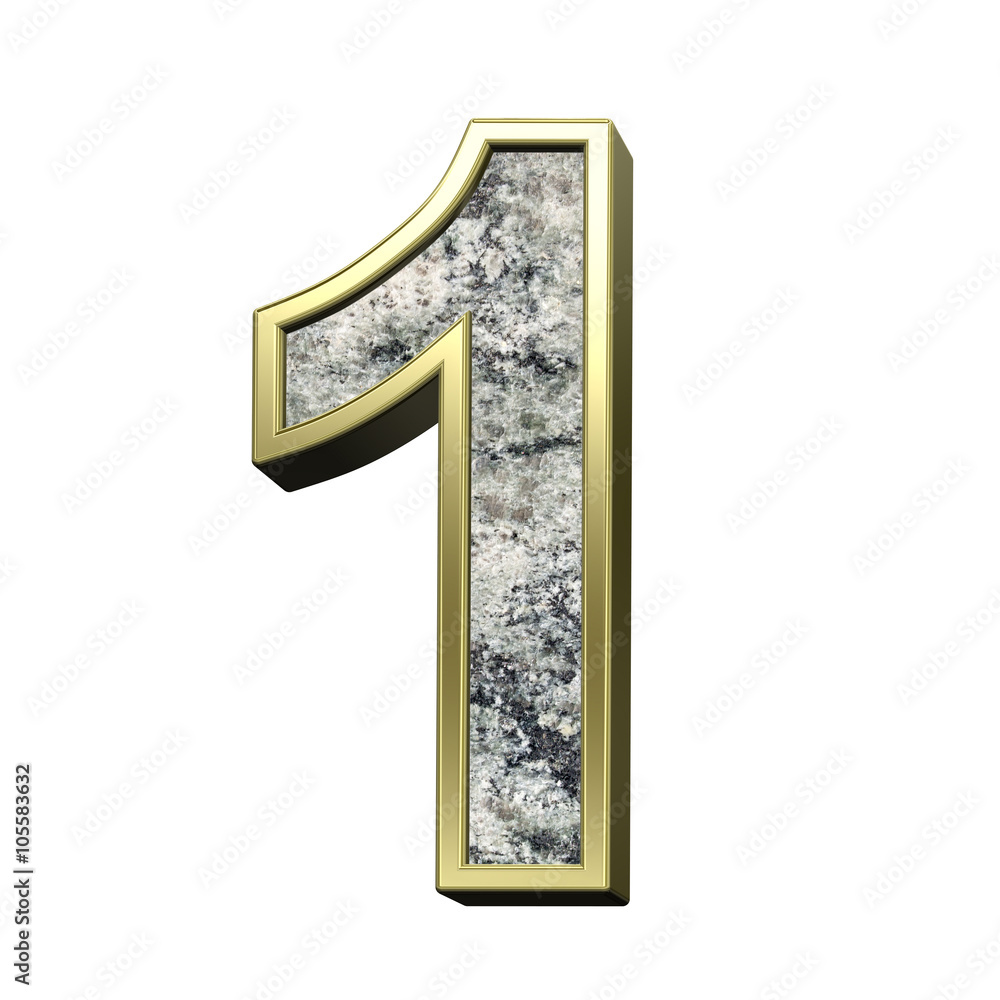 Fototapete number from granite with gold frame alphabet set isolated over white. computer generated 3d photo re
