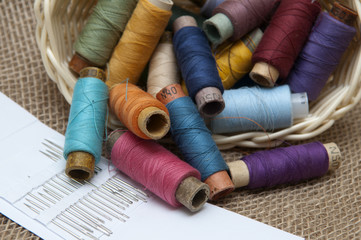 Coils with colorful threads in a wicker basket