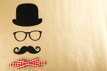 Photo booth props glasses, mustache, bow tie and bowler