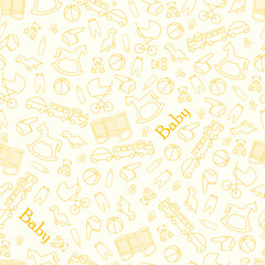 Baby background for baby. Yellow background for baby with toys and facilities for the newborn.