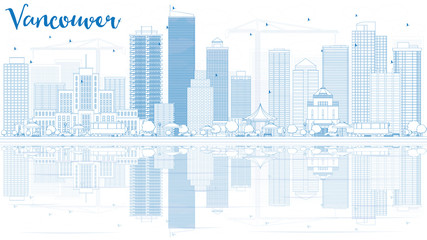 Outline Vancouver skyline with blue buildings and reflections.