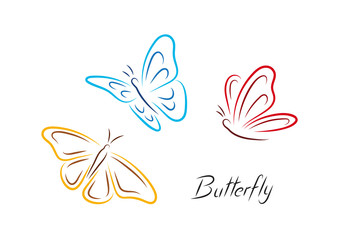 Color butterflies.Three colored isolated handrawn simple butterflies.