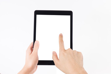 Man's hand holding and touch to tablet on white background