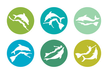 Collection of silhouette freediver and dolphin. Freediving icons