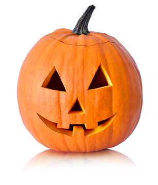 Halloween pumpkin with scary face. Jack O' Lantern isolated on white. 