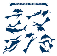 Adventure freediving. Collection of free divers and animal.