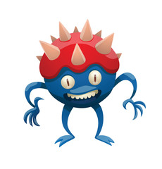 Vector cartoon image of funny round blue monster with two eyes, one mouth, two arms and two legs, with red head with pink thorns on a white background. Halloween. Vector illustration.