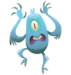 Vector cartoon image of funny oval light blue furry monster with one eye and a mouth, two arms and two legs with gray claws on a white background. Halloween. Vector illustration.