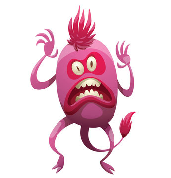 Vector cartoon image of funny oval pink monster with two eyes, one mouth, two arms and two legs, with pink tail and with forelock on his head on a white background. Halloween. Vector illustration.