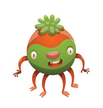Vector cartoon image of funny round green-orange monster with two eyes, one mouth, two arms and four legs and with green forelock on his head on a white background. Halloween. Vector illustration.