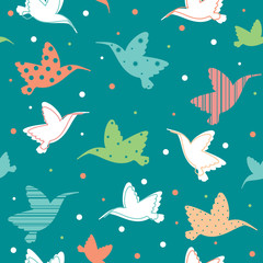 Seamless pattern with colibri. Cartoon hummingbirds.