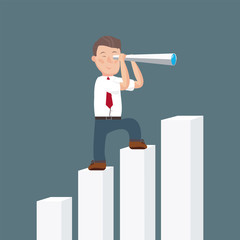 Businessman stand on top of rise diagram using telescope looking for success, opportunities, future business trends. Vision concept. Cartoon Vector Illustration. Flat design.
