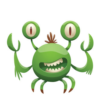 Vector cartoon image of funny green furry monster like the crab with two eyes and a mouth with teeth, with two claws-hands and four legs on a white background. Halloween. Vector illustration.