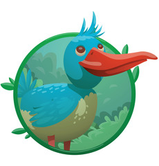 Vector image of a round green frame with leaves and with cartoon image of a funny fantasy beautiful tropical bird with bright blue-white feathers and big red beak in the center on a white background.