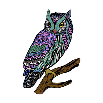 Owl in an abstract style, sitting on a branch