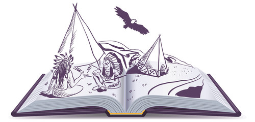 Open book. Indians sit at wigwam on pages of open book. Adventure story © orensila