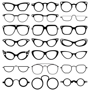  Glasses model icons, man, women frames. Sunglasses, eyeglasses isolated on white.  silhouettes. Different shapes, frame, styles.  Vector illustration on white background.