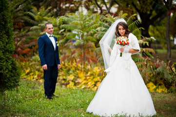 Obraz na płótnie Canvas Happy wedding couple in love at autumn park