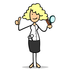 Cartoon Frau als Friseurin hält Daumen hoch