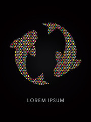 2 fish, twin fish, designed using colorful triangle mosaic graphic vector.