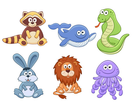 Cute cartoon animals isolated on white background. Stuffed toys set. Vector illustration of adorable plush baby animals. Raccoon, whale, snake, bunny, lion, jellyfish.