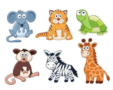 Cute cartoon animals isolated on white background. Stuffed toys set. Vector illustration of adorable plush baby animals. Mouse, tiger, turtle, opossum, zebra, giraffe.