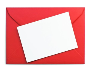 Red envelope and white card with copy space, isolated on white