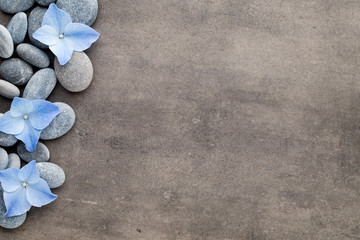 Naklejka na ściany i meble Spa stones and flowers on grey background.