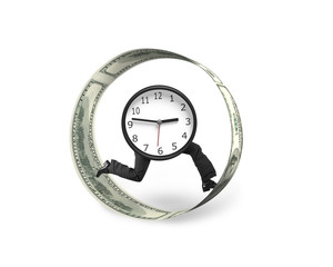 Clock with human legs running in money circle
